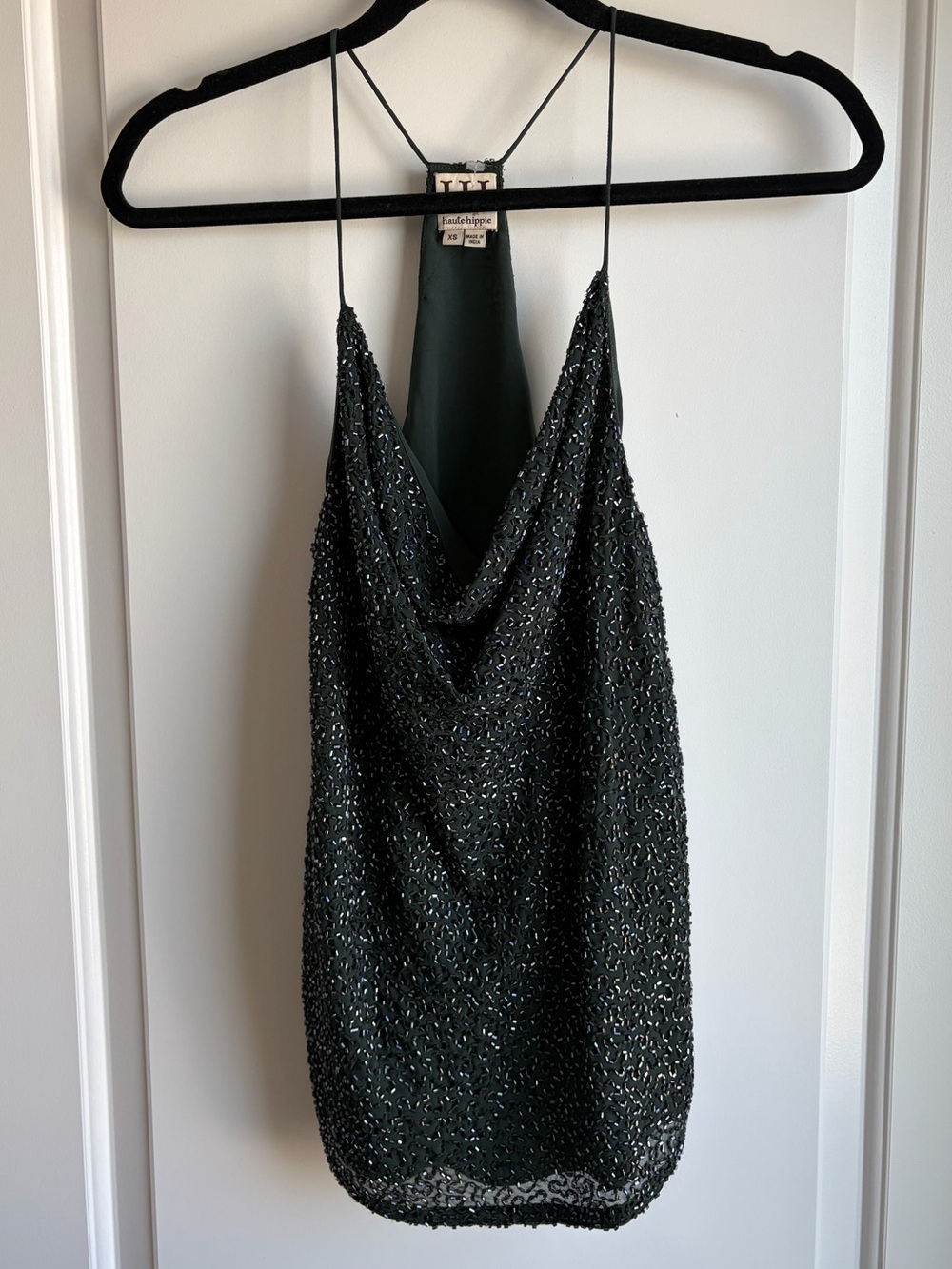 Haute Hippie Beaded Dark Green Cowl Neck Camisole Racerback Tank Top Sz XS NWOT